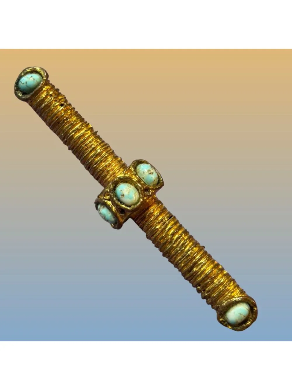 Gold Tone Turquoise Cabochons Rope-Like Texture Brooch Bar Pin Statement Vintage